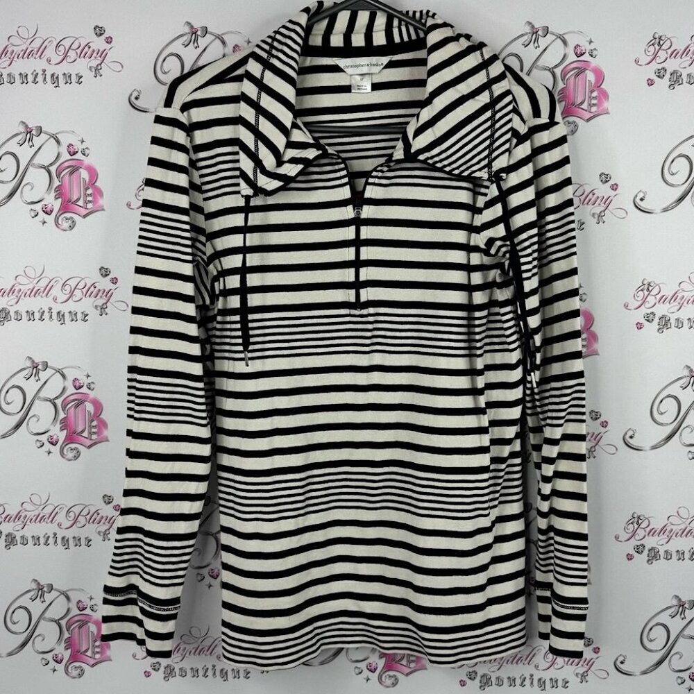 Christopher & Banks top long sleeve Black White Striped zip Down Shirt sweater